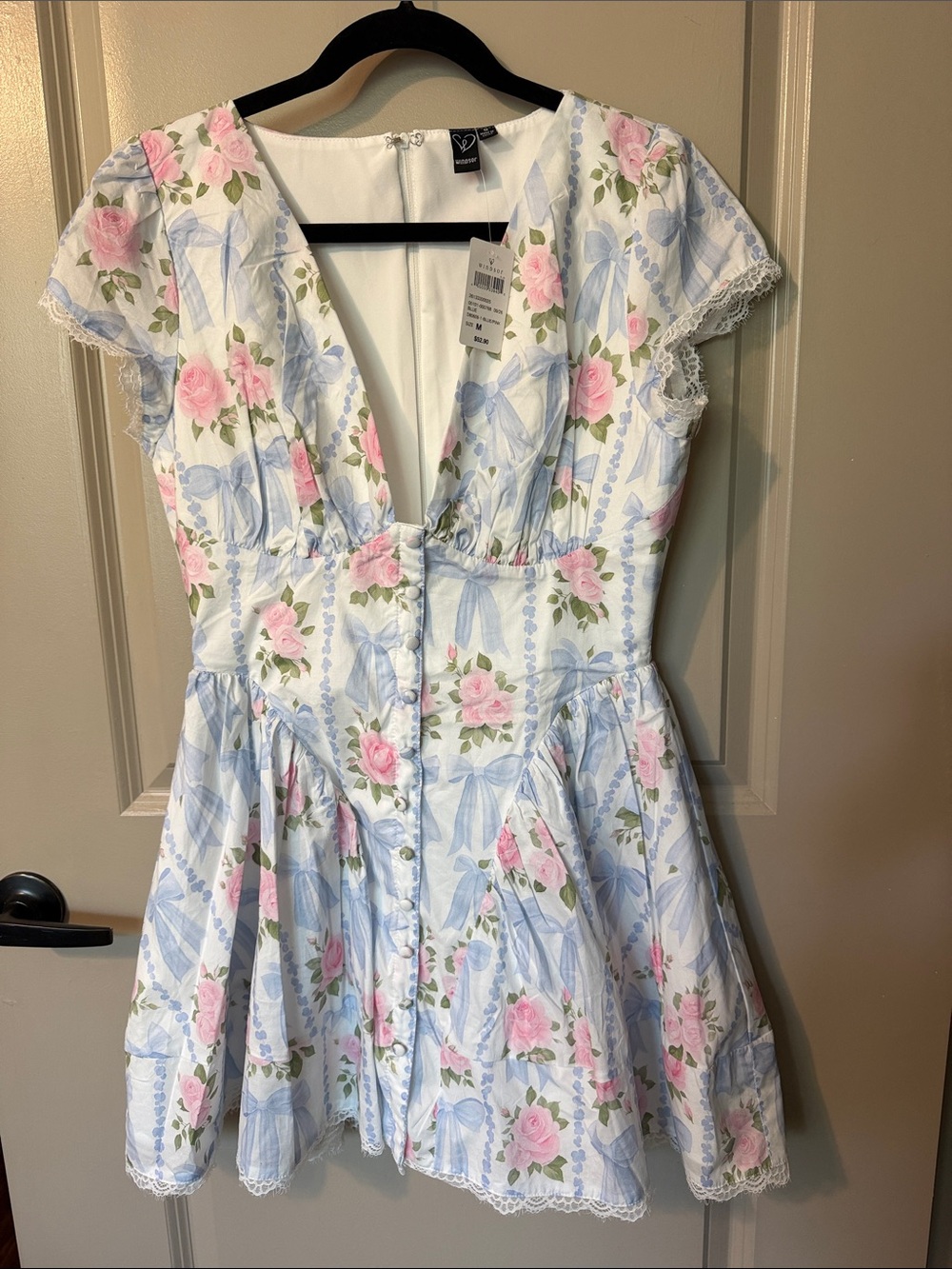 Windsor Pastel Floral Bow-Print Mini Dress in Pink & Blue